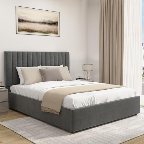 Blisswood Upholstered Ottoman King Size Bed Frame 5ft, Velvet Fabric Bed Frame With Storage, Ottoman Storage Bed With Gas Lift End Opening Wooden Slats, (Dark Grey, King 5FT – No Mattress)