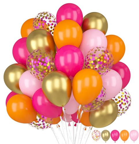 60 Pezzi Palloncini Rosa Arancioni, Palloncini Rosa Fucsia Arancioni, Rosa Retrò Arancioni Metallizzato Oro Coriandoli Palloncini Lattice per Compleanno Matrimonio Anniversario Baby Shower Decorazione