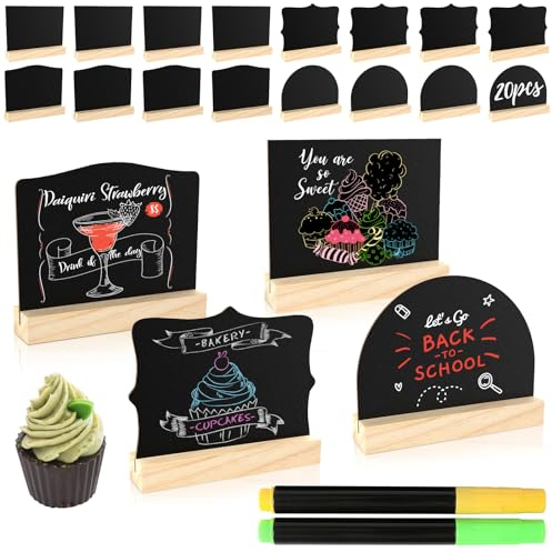Holzkreidetafel, 20 Stück Mini Kreidetafel, 4 Stile Kleine Tafeln zum Beschriften, Abwischbare Buffet Schilder Preisschilder Aufsteller Getränkekarte für Bar Café Geburtstag Hochzeit (7.5 x 10cm)