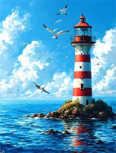 Malen Nach Zahlen Erwachsene Leuchtturm Blauer Himmel Malen Nach Zahlen Kinder mit 3-Pinseln und Acrylfarbe Diy Set, Paint by Numbers Adult Leinwand Handgemalt öLgemäLde Kit Als Geschen 25x35cm s-1914
