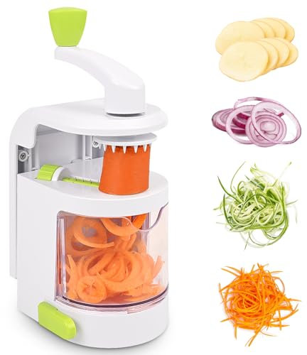 Dreamhigh® Spiralschneider Gemüse, 4 in 1 Zucchini Spaghetti Schneider mit Auffangbehälter, BPA-frei, Gemüse Spiralschneider für Karotte, Gurke, Kartoffel, Kürbis, Zucchini, Zwiebel