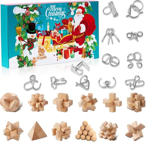 Adventskalender 2025 Knobelspiele für Kinder & Erwachsene-24 Tage von Weihnachtskalender Geschenke mit Metall Knobelei und 3D Holzk, Geschicklichkeitsspiele, IQ Puzzle für Jungen Mädchen Teenager