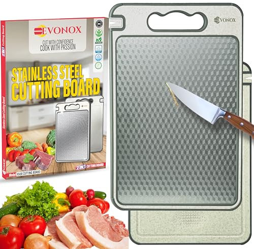 EVONOX Tablas de cortar de acero inoxidable para cocina, de doble cara, ligeras, aptas para lavavajillas, fáciles de limpiar, no tóxicas, bordes antideslizantes, tabla de cortar grande de paja de