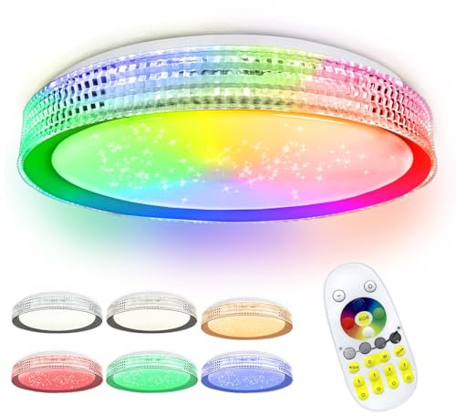 XMTECH LED Deckenleuchte Farbwechsel RGB 60W Deckenlampe Dimmbar mit Fernbedienung, 2800-6500K Lampe Deckenbeleuchtung für Wohnzimmer Schlafzimmer Kinderzimmer(Mit Sternenhimmel-Effekt-Grauer Ring)