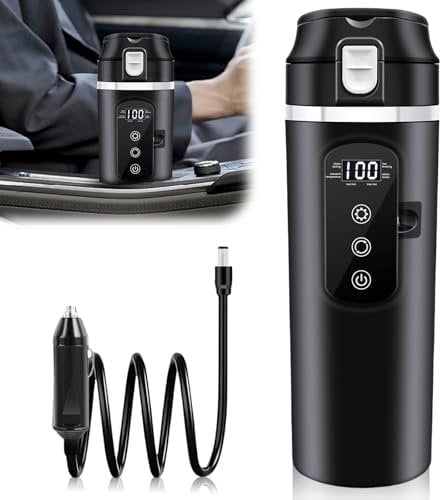 Auto-Heizbecher 500ml, 12V/24V Auto Wasserkocher mit LCD-Anzeige, 45-100W Tragbare Heizung Reise Wasserkessel mit temperatureinstellung, Anti-Trockenbrand-Schutz Schnell kochende Flasche