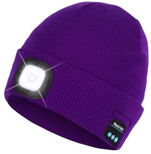 Bluetooth Beanie Hat with Light, Headlamp Cap with Headphones and Built-in Speaker Mic, Gifts for Men Women Teen, Purple, One size