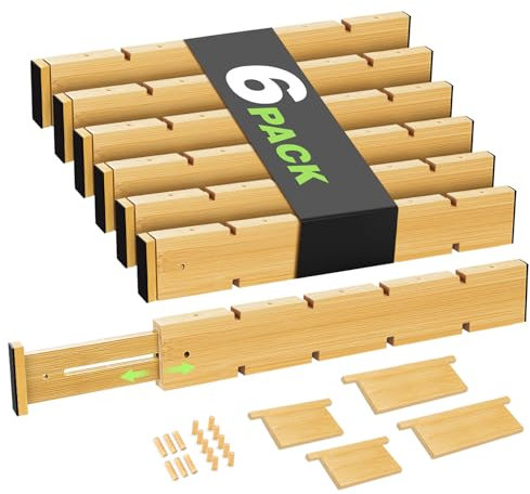 BLISSIQUEE 6er Schubladentrenner Verstellbar Bambus, Stapelbar schubladeneinsatz mit Rutschfesten Silikonpads – Organizer für Schubladen Organizer Küche, Kommode, Büro & Kleiderschrank (42,3–56 cm)