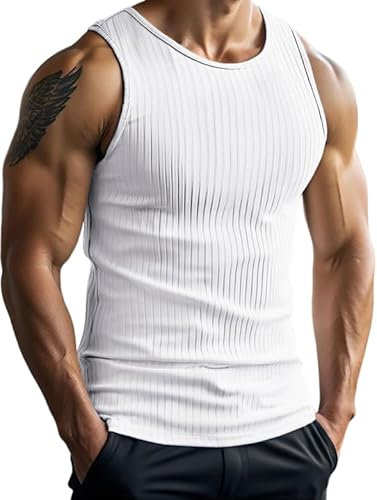 Weardear Tanktop Herren Gerippte Funktionsshirt Training Sportshirt Schnelltrocknendes Unterhemden Sleeveless T-Shirt Slim Fit Shirt Sommer Yoga Achselshirt Weiß S