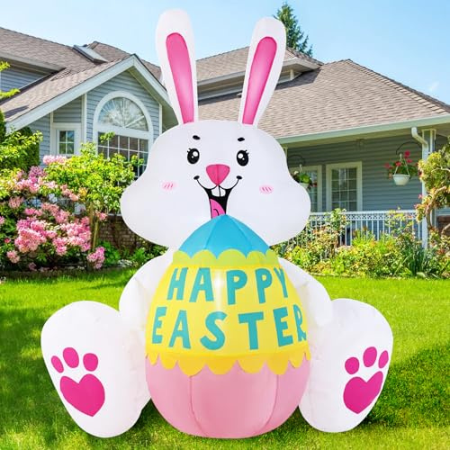 GIFTFIND Aufblasbare Osterhase mit Ei, heller, beleuchteter aufblasbarer Dekoration für den Außenbereich, Urlaubsdekoration für Hofdekoration, niedliches Ohrhasen, aufblasbares Geschenk, ideal für
