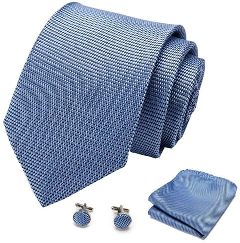 Axvxby Herren Krawatten und Einstecktuch Set, verstellbare Krawatte, inklusive Manschettenknöpfe und Geschenkbox, Herren Krawatten Set für Hochzeiten (Hellblau)
