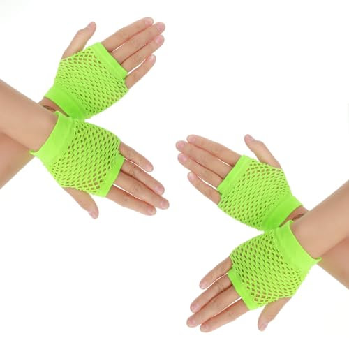 Yolev 2 Paar Netzhandschuhe Grün Damen Kurz Fingerlose Netzhandschuhe Damen Stretch Mesh Handschuhe Retro Nylon Fishnet Gloves für 80er Jahre Kostüm Zubehör Disco Maskerade Partyzubehör (Grün)