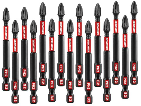 GEINXURN Impact Tough Phillips Magnetic Screwdriver Bit Set, 15 Pieces PH2 75 mm Insert S2 Steel Drill Driver Bits, Universal 1/4 Hex Shank for Power Drivers, Bulk