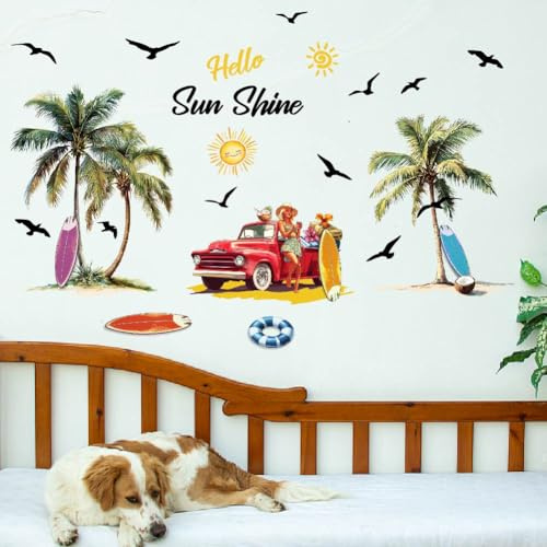 SUPERDANT Stickers Muraux Plage D'Été Cocotier Tropical Vintage | Décoration Murale en Vinyle, Palmier Plage Ensoleillée, Pour la Maison, Autocollants Décoratifs