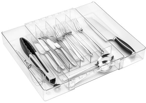 QIWODE Cutlery Drawer Organiser, Extendable Plastic Cutlery Tray for Kitchen Drawer, Clear Adjustable Utensil Drawer Organiser for Knives, Forks, Spoons, 21.5-38.5 x 33.5 x 5.2cm