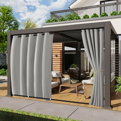 2er Set Outdoor Vorhang Wetterfest, Breit B180xH213cm Windschutz Outdoorvorhänge mit ösen Oben und Zugring unten, Große Größe Outdoor Gardinen Sonnenschutz für Balkon Pergola Terrasse (Hellgrau)