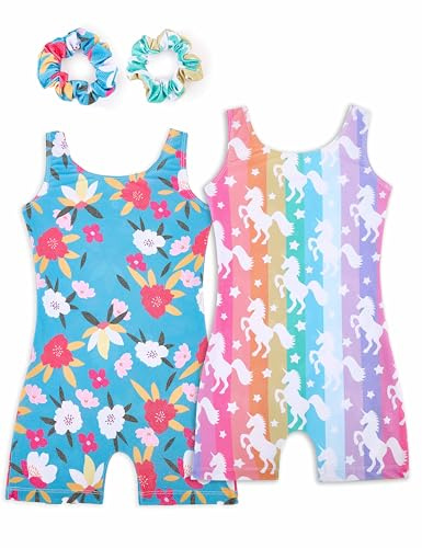 Tstiti Gymnastics Leotards for Girls 2 Pack Sparkly Kids Biketards Dance Unitards Matching Hair Scrunchies Floral Unicorn 6-7 Years