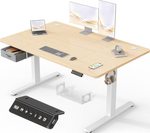 Devoko Höhenverstellbarer Schreibtisch Elektrischer, 140x80cm, Schreibtisch mit Schubladen, USB-A Ladeanschluss, Computertisch mit Kabel Management Tray, Standing Desk mit 3 Memory Funktion Beige