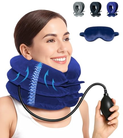 LuxoCare Verstellbares Nackenstrecker – Nackenkissen Aufblasbar mit Schlafmaske, Nackenstütze für Halswirbelsäulen Nackenschmerzen Entlastung beim Reisen, Arbeiten & Camping (Blau)