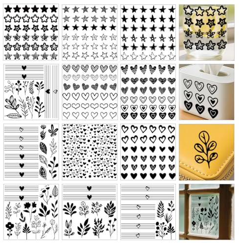 GOMAKERER 12 Blatt Rubbelaufkleber Zum Basteln Und Für Möbel, 12 Stile Schwarzer Stern Herz Blume Rub On Transfers Grundlegende Dekorative PVC Rub On Decals Für DIY Home Window Craft Decor