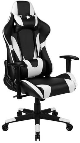 FWStyle Black & White Reclining Gaming Chair Faux Leather | Adjustable Height, Lumbar & Headrest Support, Ergonomic Racing Style, Office Chair