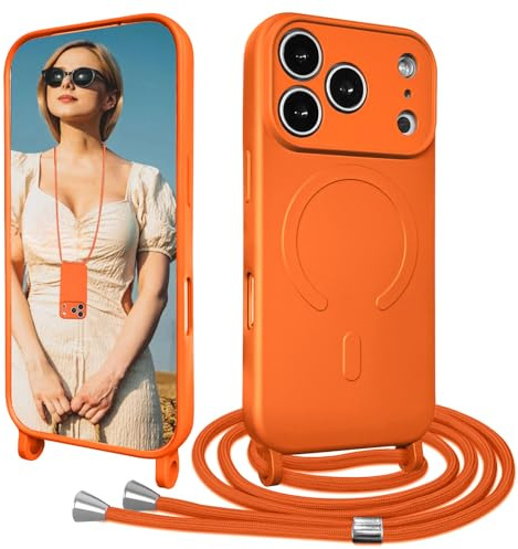 Galful Handykette für iPhone 17 Pro Hülle mit Band Magnetische Handyhülle Kompatibel mit Magsafe Silikon Schutzhülle Necklace Case mit Abnehmbar Handyband zum umhangen Cover-Orange