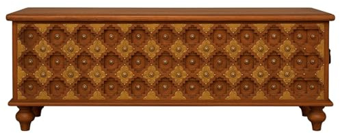 Marrakesch Orientalische Truhe Febin 143cm aus massivem Mango-Holz mit handgeschnitzten Ornamenten und Messing | Vintage Sitzbank mit Stauraum | Boho Möbelstück für Wohnzimmer oder Flur