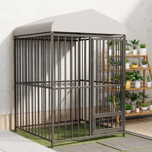 Large 4x4x6FT Heavy Duty Metal Dog Kennel, Outdoor Galvanized Steel Animal Cage with Roof Cover, Lock & Feeding Bowl, Weatherproof Pet Enclosure for Garden, Yard, All Breeds