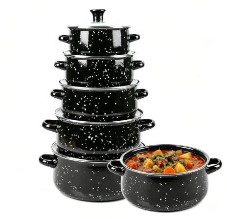 5 Piece Enamel Stock Pot Set, Non-Stick Cooking Pan with Glass Lid | Heat Resistant Ceramic Stockpot, Induction Compatible Stew Pots with Handles, for Canning, Camping & Kitchen Use, Black