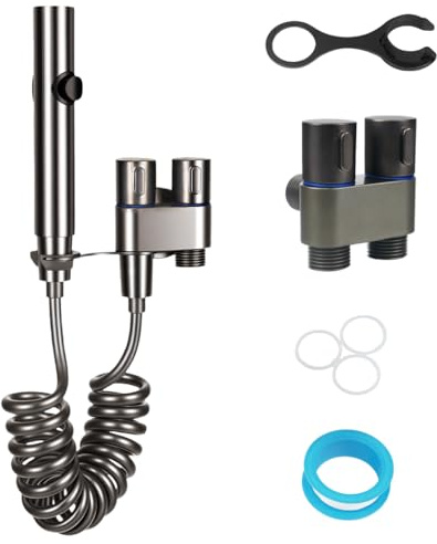 Bidet Handbrause Toilette Set,1-in-2-out-Doppelsteuerventil WC Dusche Duschkopf Aufsatz Set,Schwarz Bidet Brause mit Federschlauch Schwenkhalter für die Tägliche Körperhygiene und Badreinigung