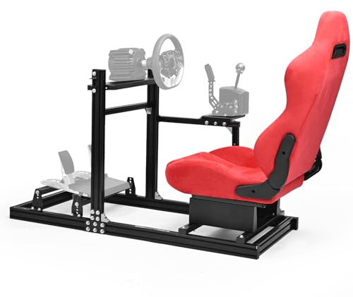 Minneer 3060&3030 Aluminium Racing Simulator Cockpit, fit for Fanatec, for Logitech, for Thrustmaster, Racing Stand with Red Suede Seat, Steering Wheel and Pedals Not Include