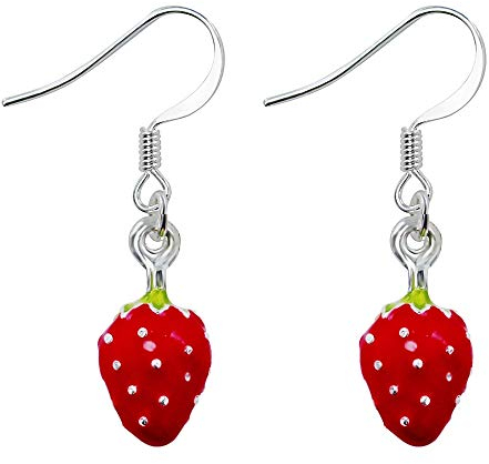 Treuheld | ERDBEEREN Ohrringe/Ohrhänger - süße Erdbeere Hänger fürs Ohr | Obst rot ausgefallene Ohrringe - Frucht FRÜCHTE Strawberry Rockabilly Damen Kostüm Karneval Fasching Edelstahl Silber