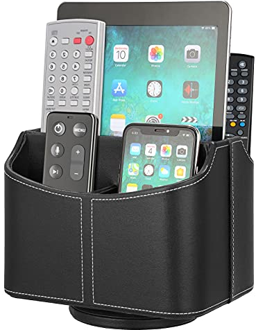 Halterung für Fernbedienung, 5 Fächer, 360 Grad drehbar, für den Schreibtisch, PU-Leder, Aufbewahrungsbox für TV-Programm, Post, Elektronik, Telefon, Brillen, Kosmetikstifte, Schwarz