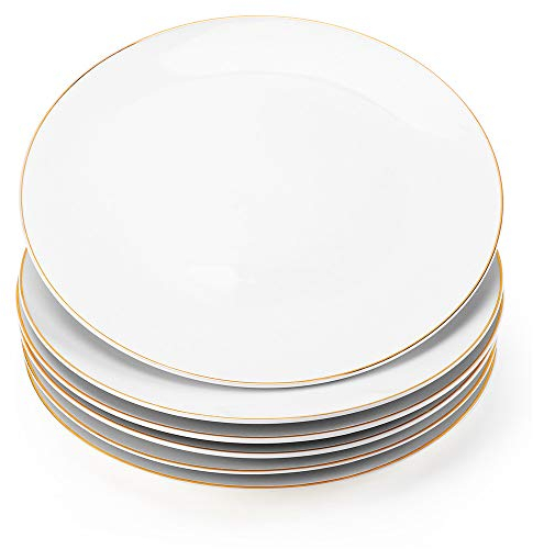Gsain Platos llanos de porcelana de 10.5 pulgadas con borde dorado, apilables de cerámica blanca rota para ensalada, postre, filetes, pasta (juego de 6)