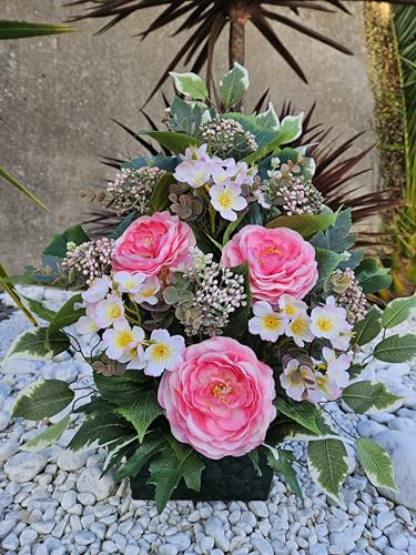 Roselynexpress Composition de Fleurs Artificielles Lestée Ciment pour Une Parfaite Tenue à l' extérieur. Réalisé par nos Soins de très Bonne Qualité. Haut/47cm.