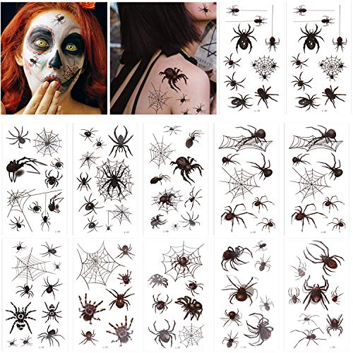 Halloween Deko,TemporäRe Schwarz Spinnen Tattoos,Gesicht Tattoo Halloween Spinnennetz ZubehöR Verkleidung 12 PCS füR Halloween Masquerade Karneval,Punk Party,Damen,Cosplay