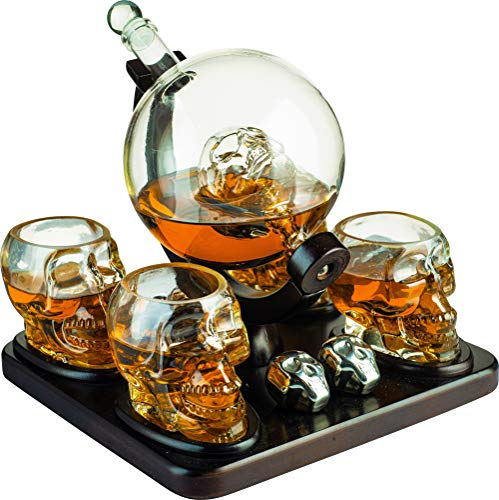 The Wine Savant Skull Skeleton Wine & Whiskey Globe Decanter Set 850 mL With 4 Skull Head 3oz Skeletons Shot Glasses And Skull Chillers Wooden Base Decor Glass Goth Spooky Drinking Glassware