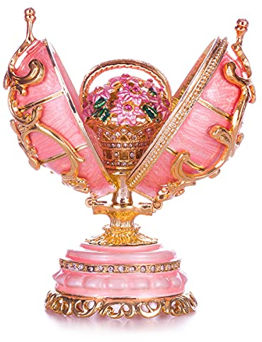 Fabergé-Stil Ei Frühlingsblumen mit Korb der Blumen 8,5 cm rosa