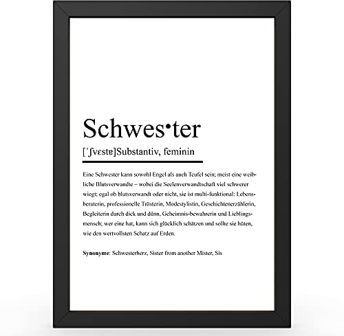 Urhome DIN A3 Kunstdruck Definition Schwester inkl. Rahmen Schwarz - Worterklärung wie im Duden Lexikon als Wanddeko Spruch-Poster Deko Wandbild mit Spruch gerahmt für Wohnung Familie Geschenk