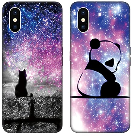 DiaryTown 2 Pack Hülle für iPhone X/iPhone XS Liquid Silikon Handyhülle mit Motiv Schutzhülle Ultra Dünn TPU Bumper Rundumschutz Schwarz Case für Cover iPhone X - Katze & Panda