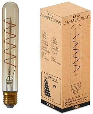 LEDSone Vintage LED Spiral Filament Bulb T185, Long Tubular Non Dimmable Edison Light Bulbs,E27 Screw Base, Amber Glass, Warm White,2700K,450LM(40W Equivalent), Led Tube Bulb (ST185 E27, Spiral-4w)
