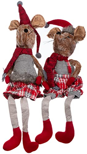 Brandsseller Weihnachtsdeko Mäuse Paar ca. 40 cm – Kantenhocker mit Langen Hängebeinen im Landhausstil – grau-rote Dekofiguren für Weihnachten, Advent & Winter