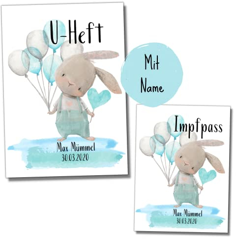My-Little SET U-Heft- und Impfpasshülle mit Name und Geburtstag | für Jungs | 'Hase mit blauen Luftballons'