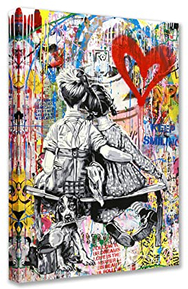 Tucocoo Street Art Leinwandbild, Graffiti, Banksy, Wandkunst, abstrakt, kleiner Junge und Mädchen, moderne Kunstwerk, Heimdekoration für Wohnzimmer, Schlafzimmer, Büro, gerahmt, 40x60 cm, 1 Stück