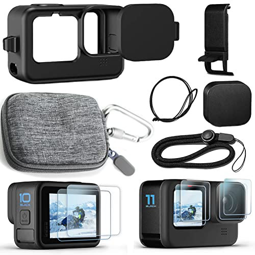 OKFUN Kit de protection pour Go Pro Hero 12/11/10/9 Noir, étui de transport + étui en silicone (avec cache d'objectif en caoutchouc) + protection d'écran + cache latéral de batterie + cache d'objectif