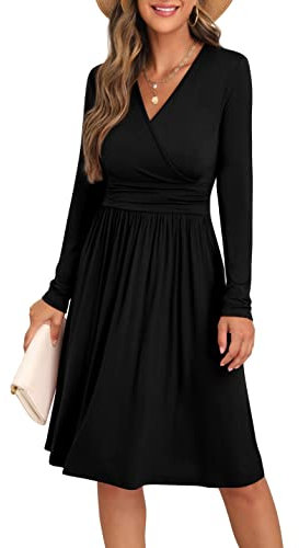 GRECERELLE Womens Autumn Wrap Dress Ladies Casual Long Sleeve V-Neck Midi Dresses for Women (Black, M)