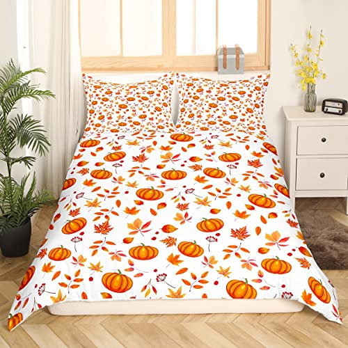 Halloween Kürbis Bettbezug Set - Frohes Herbst Bettwäsche 200 x 200 Mit Süßen Herbstblumen und Ahornblättern - Thanksgiving Geschenke für Kinder, Jungen, Mädchen - Herbst Raumdekor 3 Stück