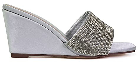 ESSEX GLAM Womens Diamante Low Wedge Heels Ladies Sparkly Square Toe Silver Slip On Mules Size 7