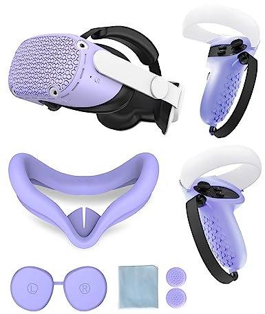 Gwyoneaon Protective Accessories for Oculus Quest 2, Silicone Controller Grip Covers, Soft Shell Skin with Face and Lens Cover (Purple)