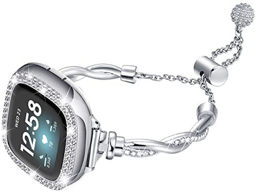 Bling Band Kompatibel mit Fitbit Versa 4/Sense, Fitbit Versa 3/ Sense 2, Double Twist Metall Armreif Armband mit Strass für (Fitbit Versa 3/Sense, Silber)