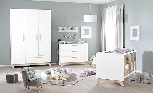 roba Komplettkinderzimmer ' Clara' weiß, inkl. Kombi-Bett, Wickelkommode & 3-türigem Schrank, mit Füßen und Griffen aus Buche Echtholz